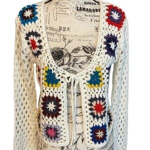 Luna Ivy Juniors Boho Crochet Cardigan Granny Square Cream Multi Size S New